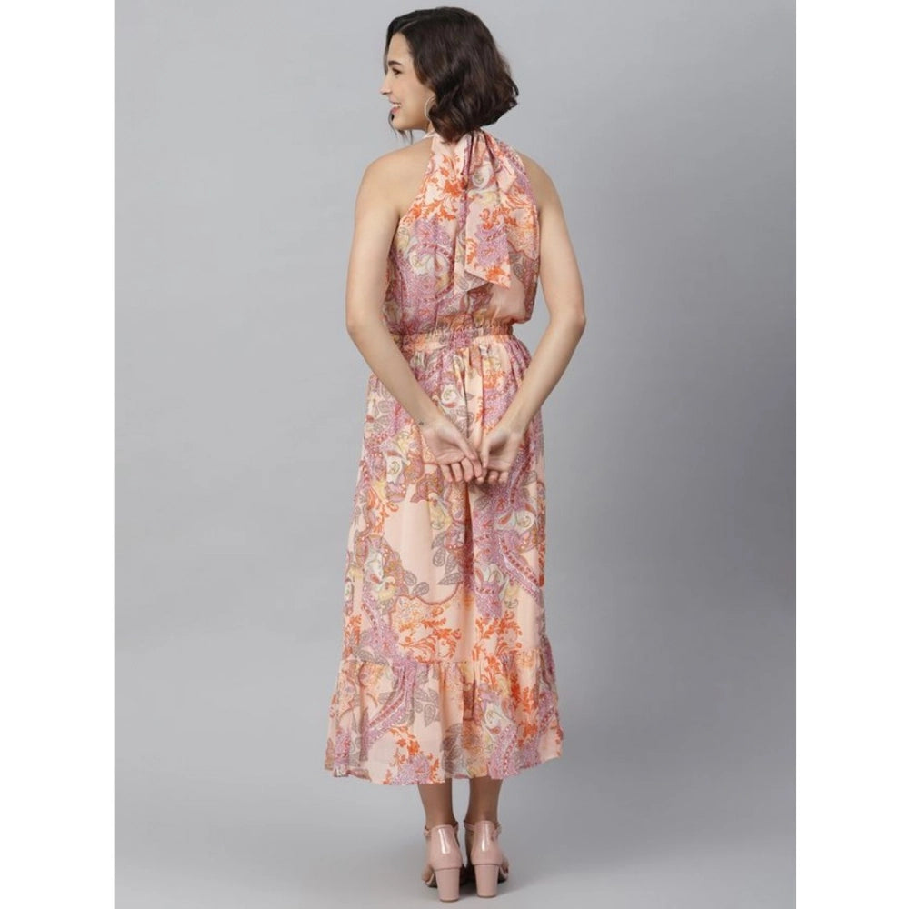 Women's Polyester Maxi Halter Neck Sleeveless Dress (Peach)
