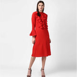 Women's Polyester Ruffled Close Neck Long Sleeves Dress (Red)