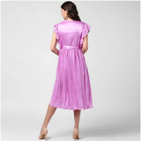 Women's Polyester Pleated V-Neck Flutter Dress (Lavender)