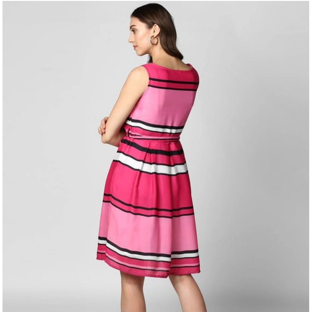 Women's Polyester Striped Close Neck Sleeveless Dress (Pink)