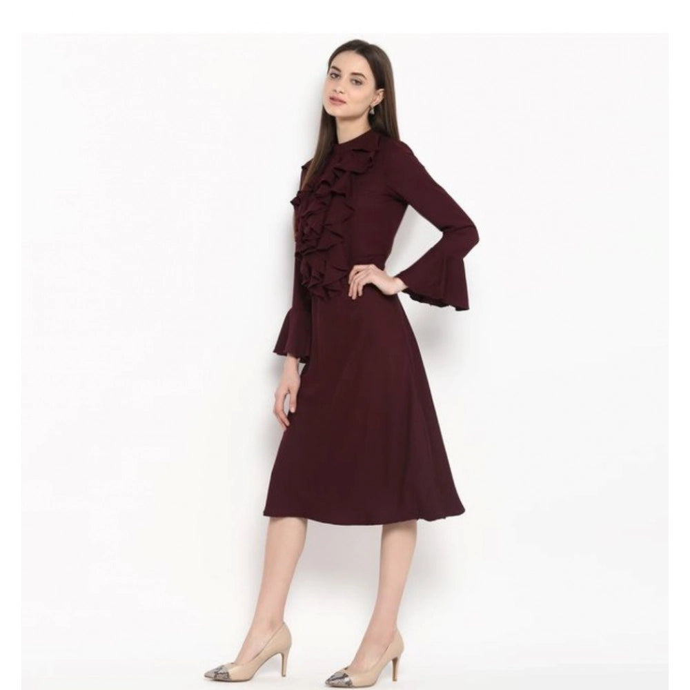 Women's Polyester Ruffled Close Neck Bell Sleeve Dress (Maroon)