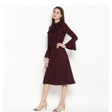 Women's Polyester Ruffled Close Neck Bell Sleeve Dress (Maroon)