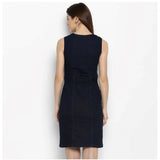 Women's Denim Solid Square Neck Sleeveless Dress (Blue)