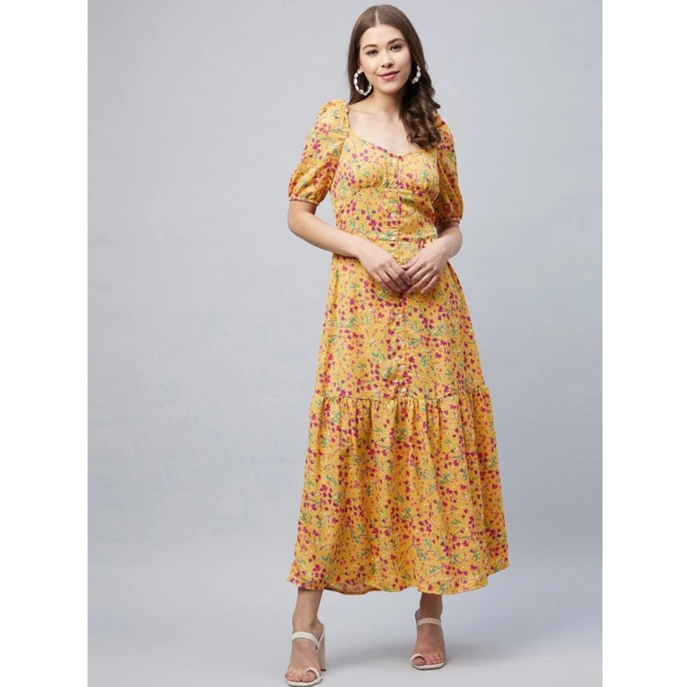 Women's Polyester Moss Floral Square Neck Half Sleeve Dress (Pink)