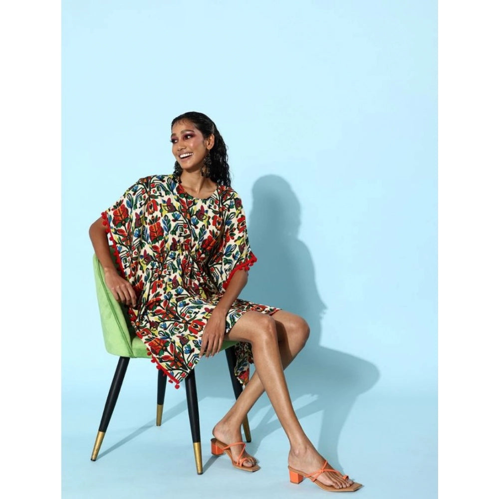 Women's Polyester Moss Printed Round Neck Kaftan Sleeve Dress (Multicolor)