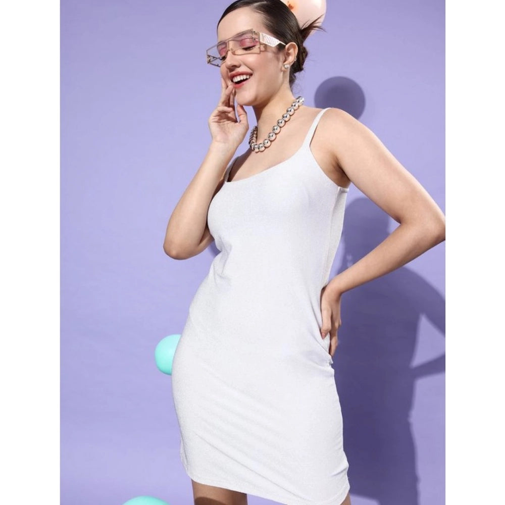 Women's Polyester Lycra Embellished Square Neck Sleeveless Dress (Silver)