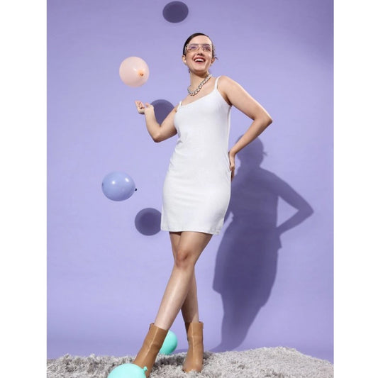 Women's Polyester Lycra Embellished Square Neck Sleeveless Dress (Silver)