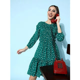 Women's Polyester Moss Polka Round Neck 3/4th Sleeves Dress (Green)