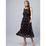 Women's Chiffon Floral Square Neck Sleeveless Dress (Black)