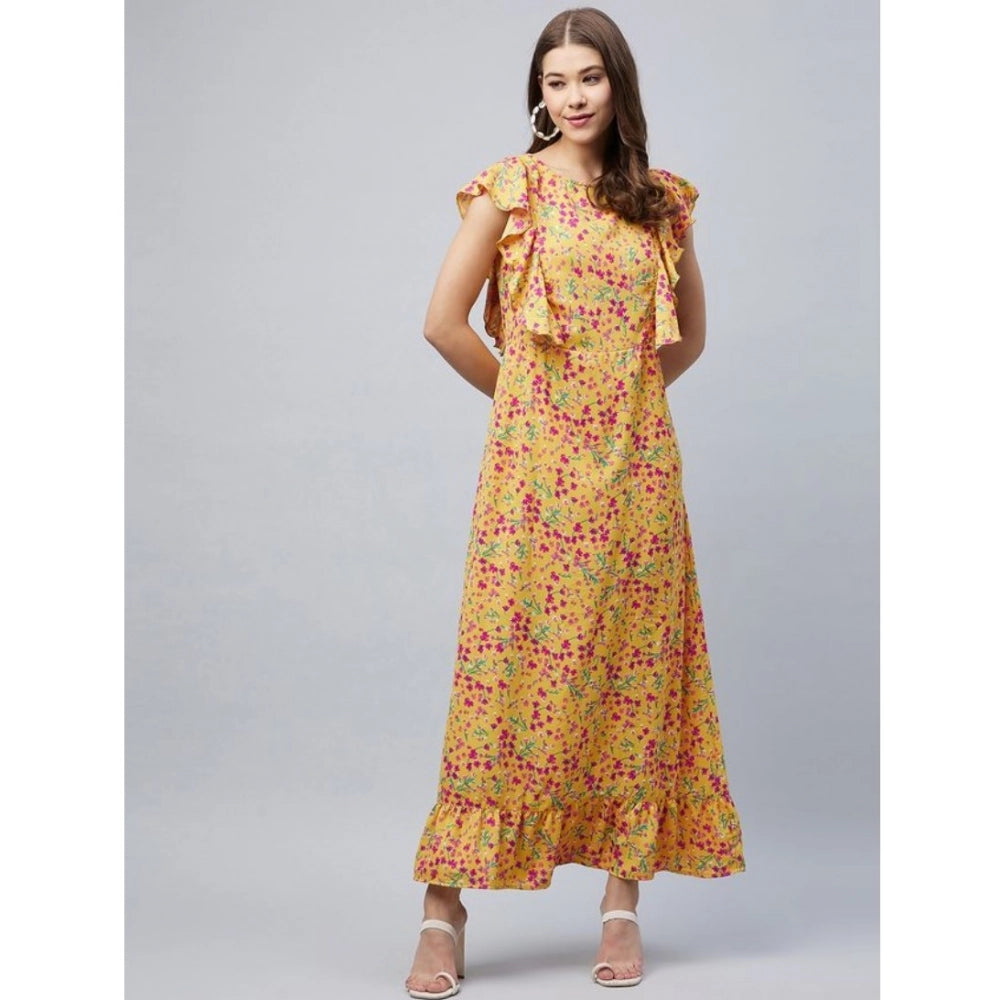 Women's Polyester Floral Round Neck Flutter Dress (Red)