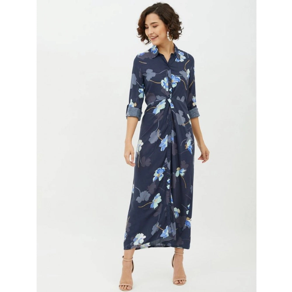 Women's Rayon Floral Collar Neck Long Sleeves Dress (Blue)