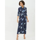 Women's Rayon Floral Collar Neck Long Sleeves Dress (Blue)