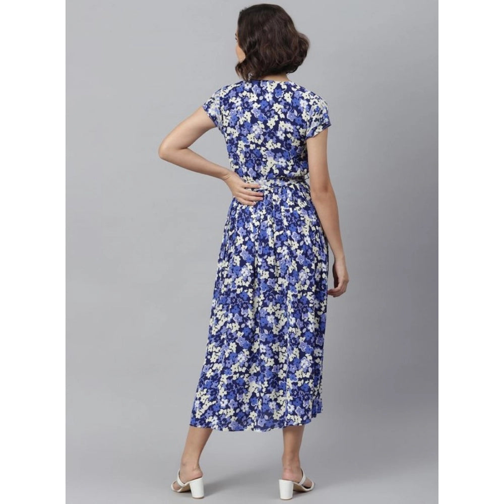 Women's Polyester Floral V-Neck Short Sleeve Dress (Purple-White)