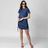 Women's Denim Solid Close Neck Short Sleeve Dress (Blue)