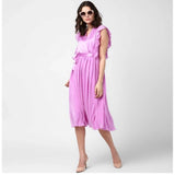 Women's Polyester Pleated V-Neck Flutter Dress (Lavender)