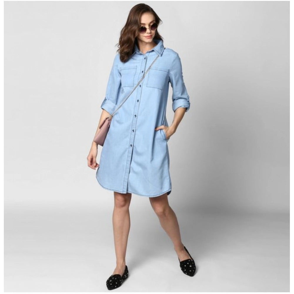 Women's Denim Solid Collar Neck Roll Up Sleeve Dress (Blue)