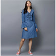 Women's Denim Solid V-Neck Bell Sleeve Dress (Blue)
