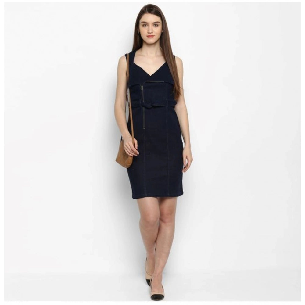 Women's Denim Solid Square Neck Sleeveless Dress (Blue)