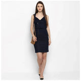 Women's Denim Solid Square Neck Sleeveless Dress (Blue)