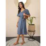 Women's Polyester Moss Polka V-Neck Bell Sleeve Dress (Grey)