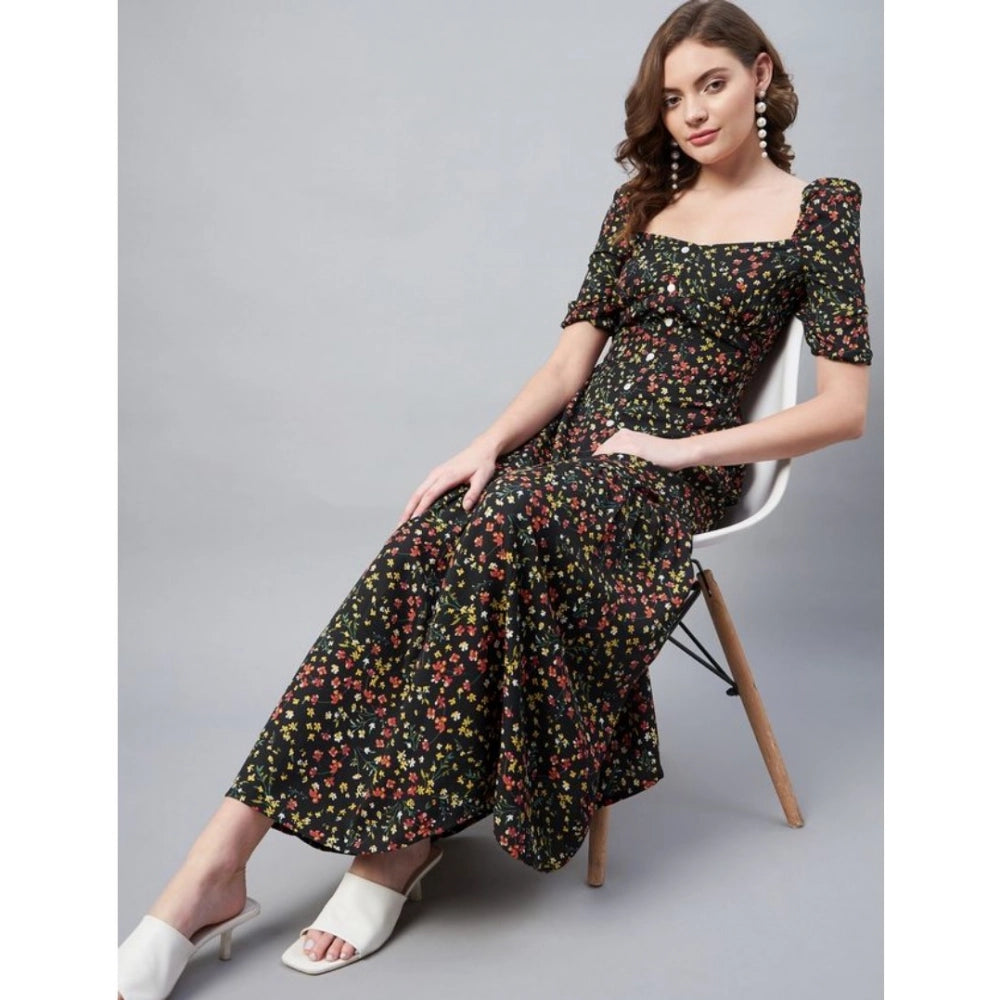 Women's Polyester Moss Floral Square Neck Half Sleeve Dress (Black)