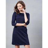Women's Polyester Jacquard Self Design Round Neck 3/4th Sleeves Dress (Navy)