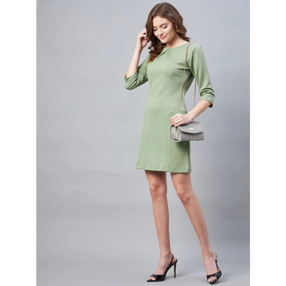 Women's Polyester Jacquard Self Design Round Neck 3/4th Sleeves Dress (Olive)