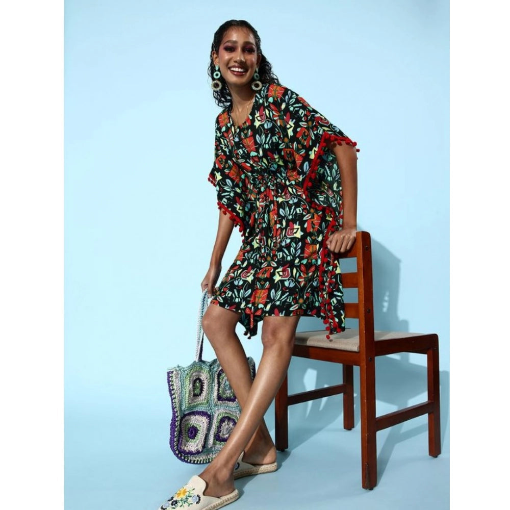 Women's Polyester Moss Printed Round Neck Kaftan Sleeve Dress (Multicolor)