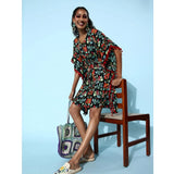 Women's Polyester Moss Printed Round Neck Kaftan Sleeve Dress (Multicolor)