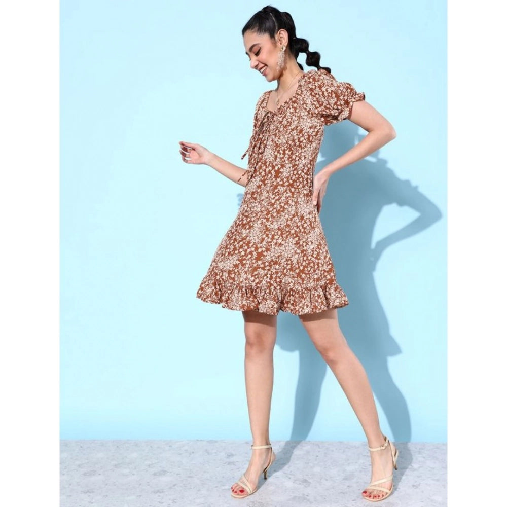Women's Polyester Crepe Floral Square Neck Short Sleeve Dress (Rust)