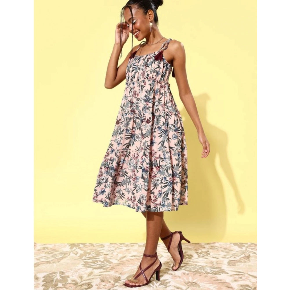 Women's Georgette Floral Square Neck Sleeveless Dress (Peach)