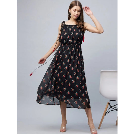 Women's Chiffon Floral Square Neck Sleeveless Dress (Black)