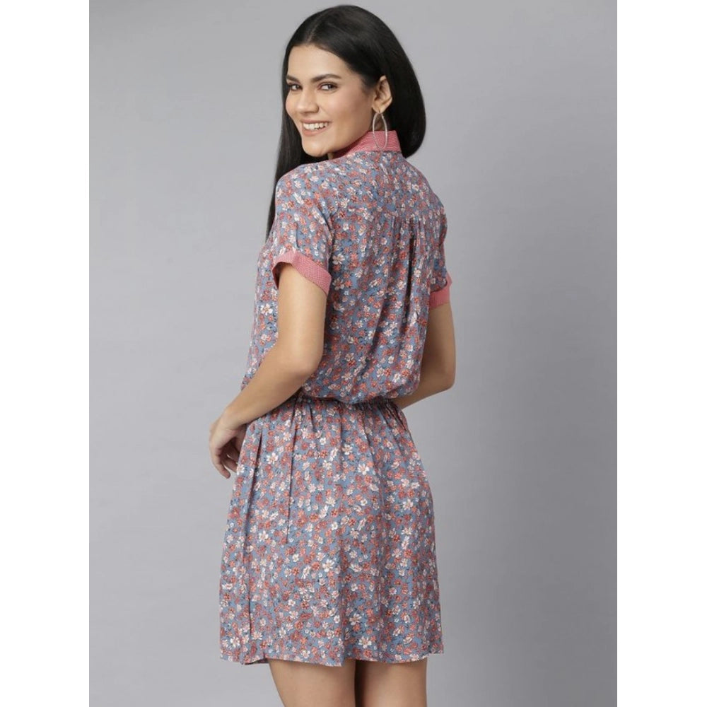 Women's Polyester Moss Floral Collar Neck Short Sleeve Dress (Grey-Red)