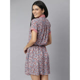 Women's Polyester Moss Floral Collar Neck Short Sleeve Dress (Grey-Red)