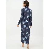 Women's Rayon Floral Collar Neck Long Sleeves Dress (Blue)