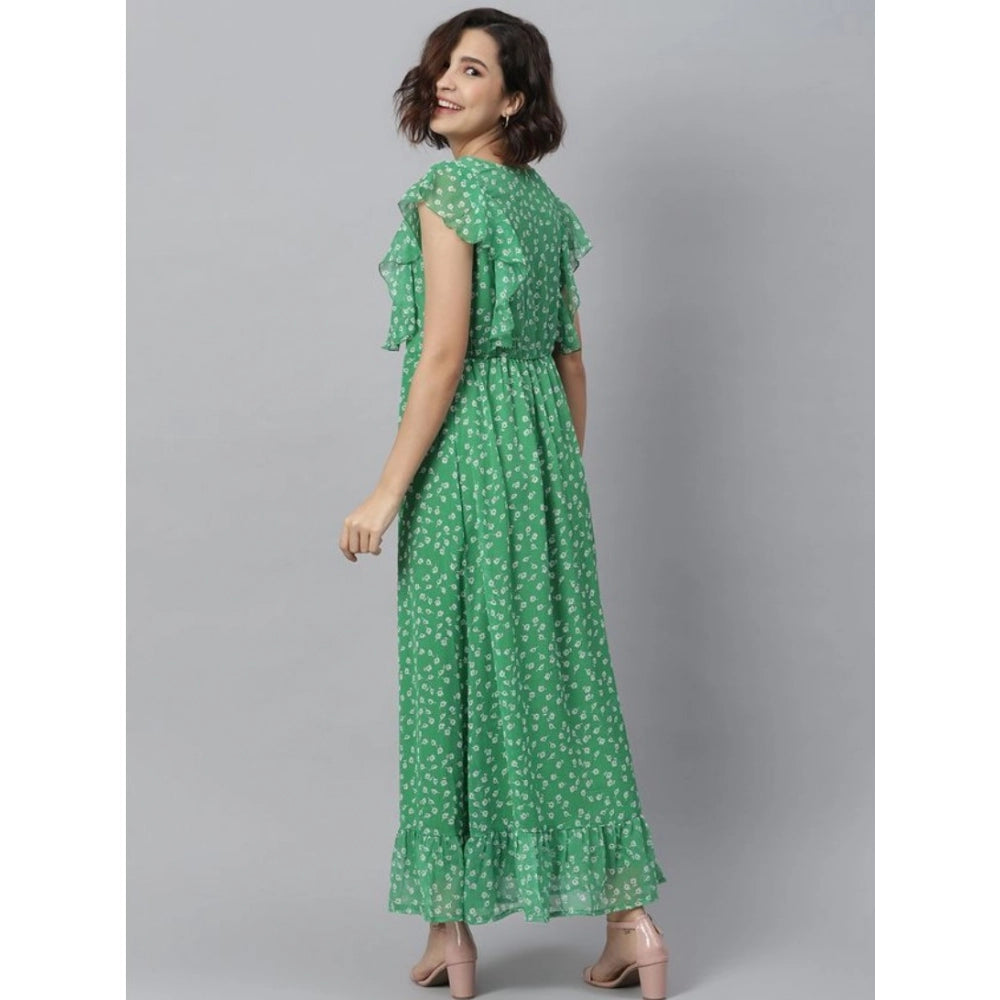 Women's Polyester Floral Round Neck Short Sleeve Dress (Green)