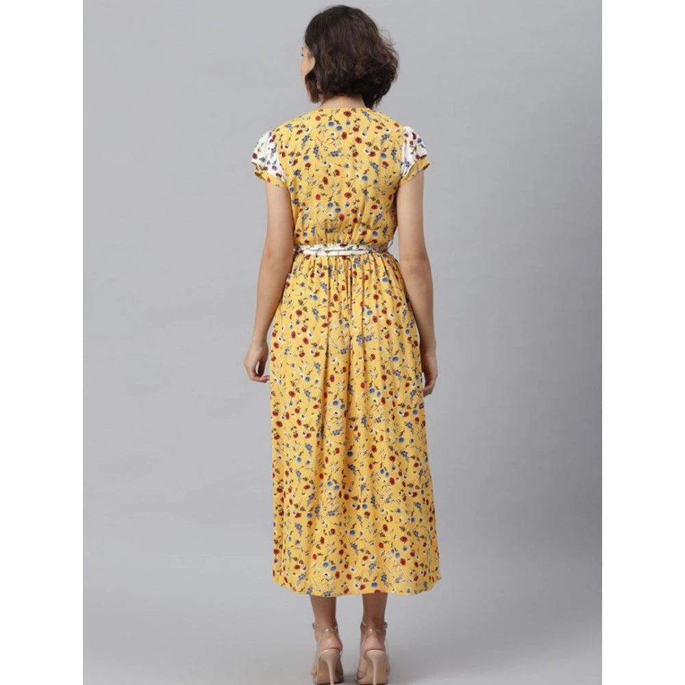 Women's Polyester Floral V-Neck Short Sleeve Dress (Yellow-White)