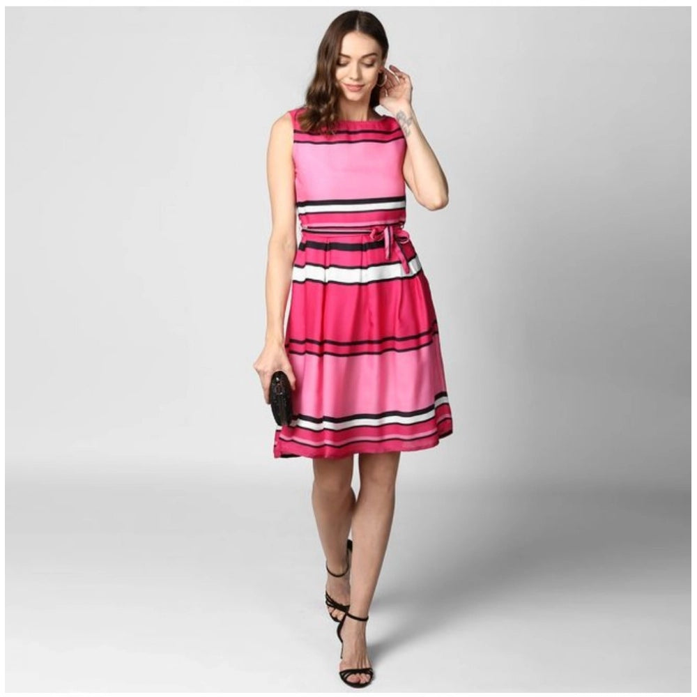 Women's Polyester Striped Close Neck Sleeveless Dress (Pink)