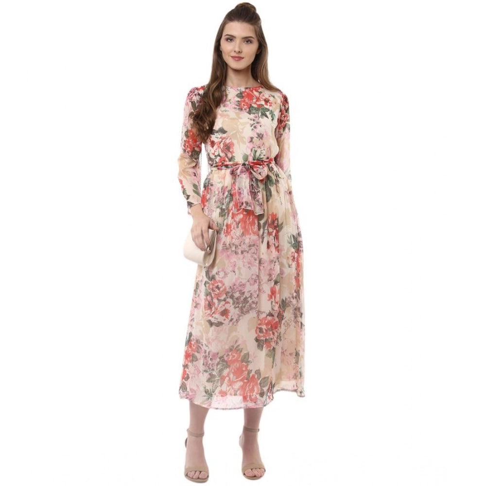 Women's Chiffon Floral Round Neck Long Sleeves Dress (Multicolor)