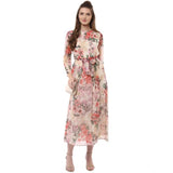 Women's Chiffon Floral Round Neck Long Sleeves Dress (Multicolor)