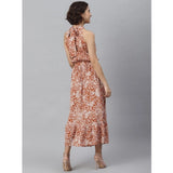 Women's Polyester Printed Halter Neck Sleeveless Dress (Rust)