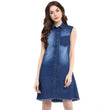 Women's Denim Solid Collar Neck Sleeveless Dress (Blue)