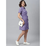 Women's Polyester Polka Collar Neck Short Sleeve Dress (Lavender)
