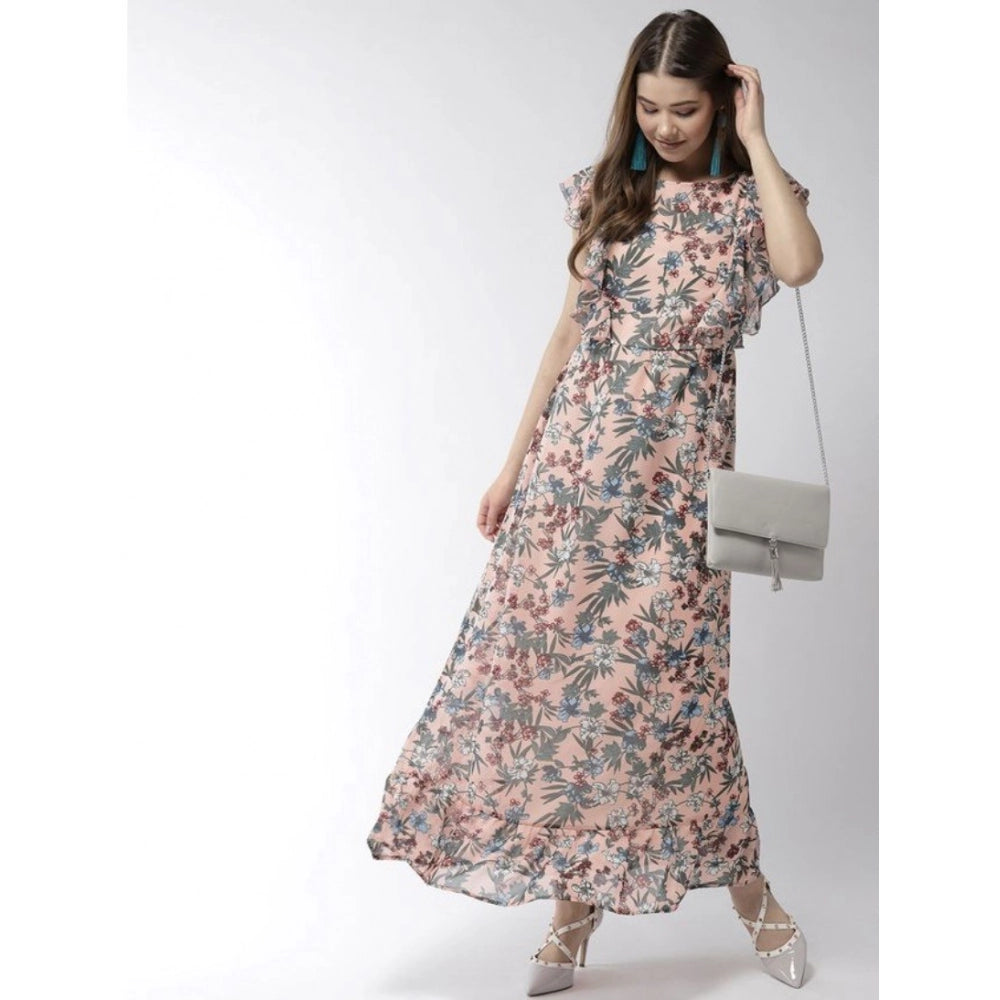 Women's Polyester Floral Round Neck Flutter Dress (Multicolor)