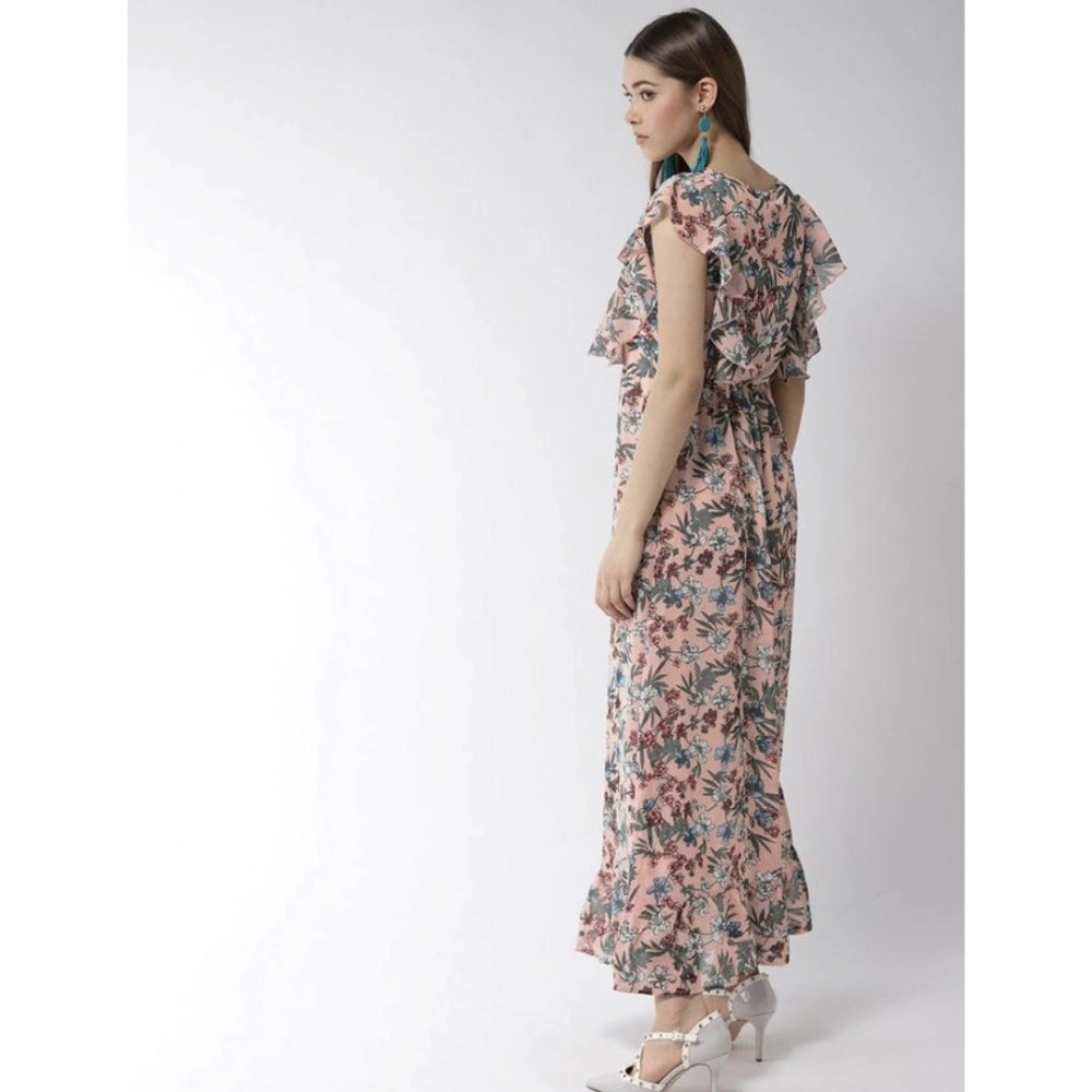 Women's Polyester Floral Round Neck Flutter Dress (Multicolor)