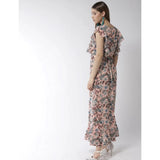 Women's Polyester Floral Round Neck Flutter Dress (Multicolor)