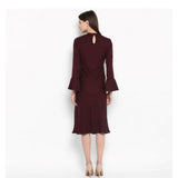 Women's Polyester Ruffled Close Neck Bell Sleeve Dress (Maroon)
