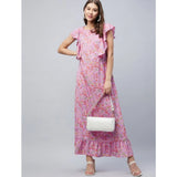 Women's Polyester Floral Round Neck Flutter Dress (Lavender)