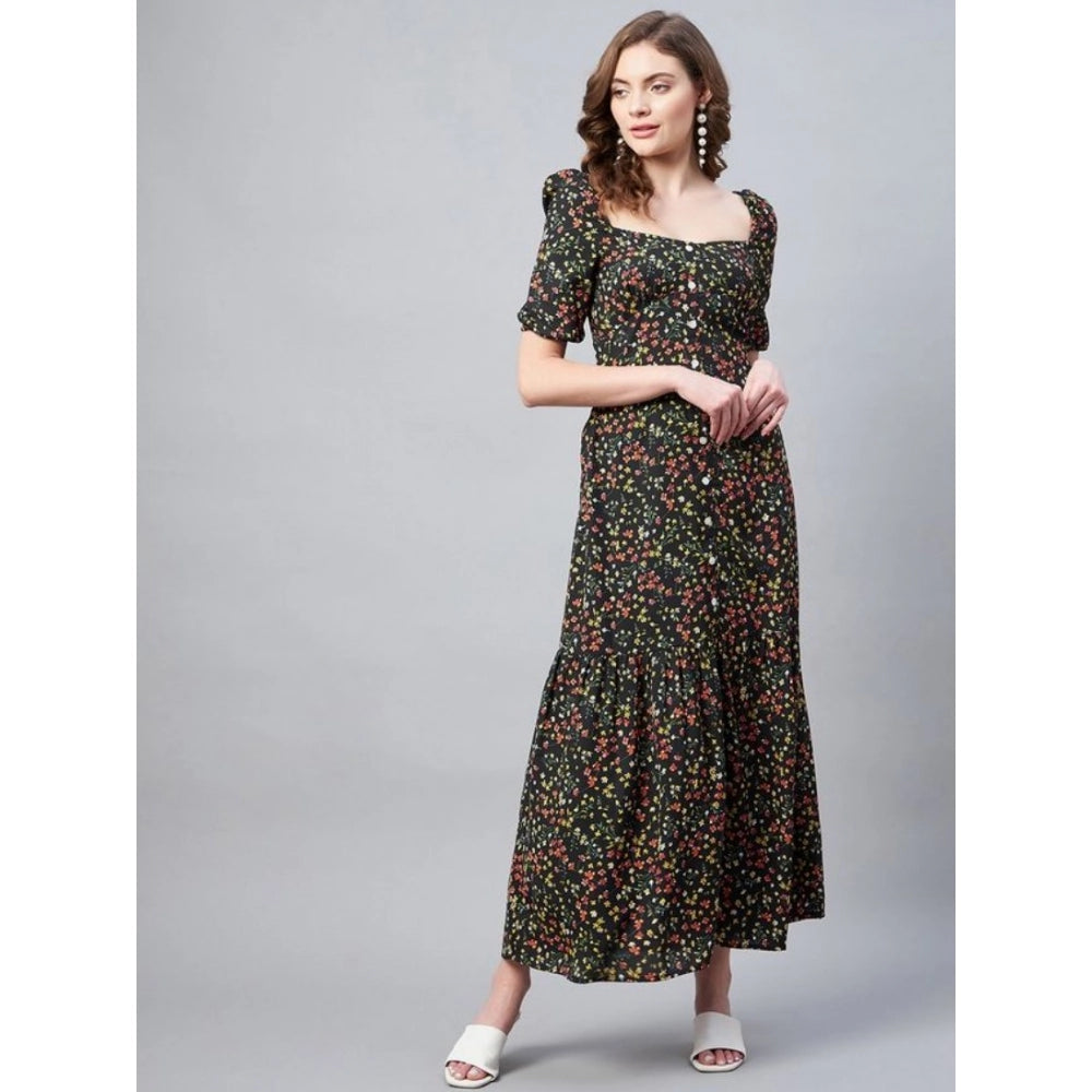 Women's Polyester Moss Floral Square Neck Half Sleeve Dress (Black)