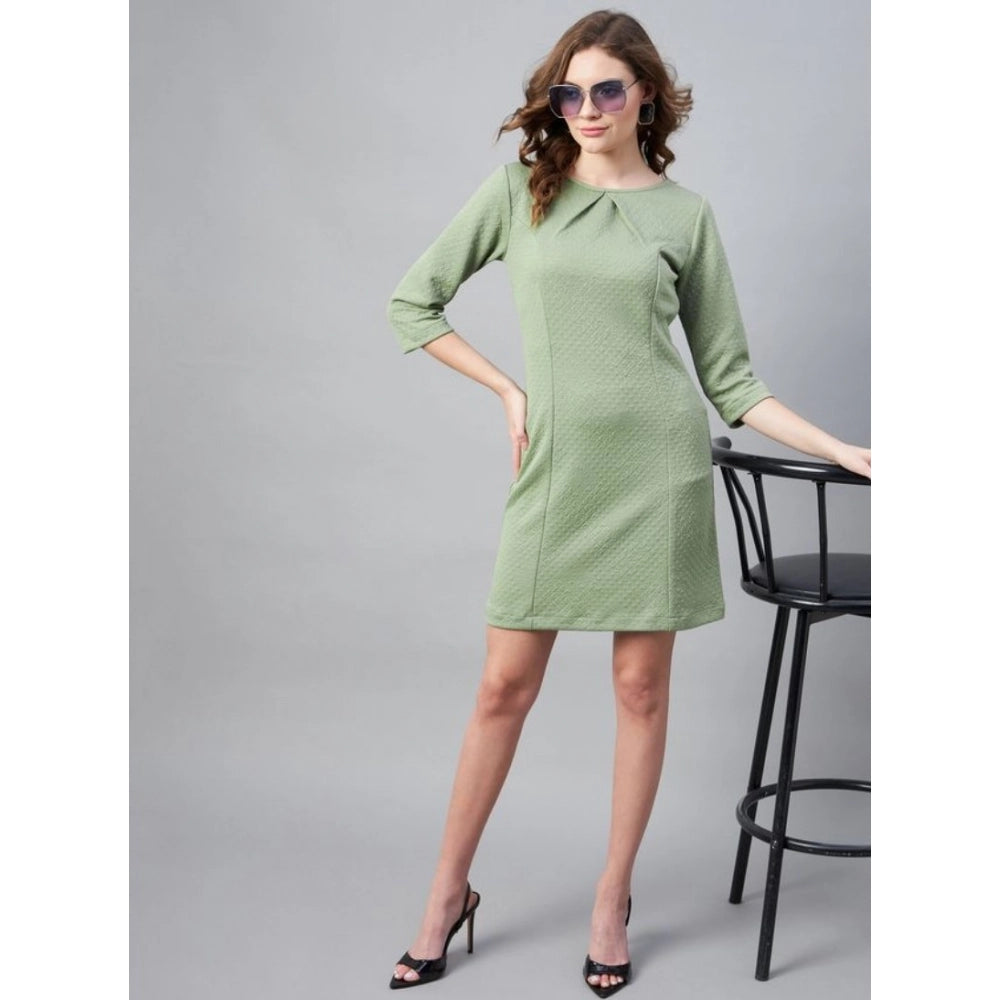 Women's Polyester Jacquard Self Design Round Neck 3/4th Sleeves Dress (Olive)
